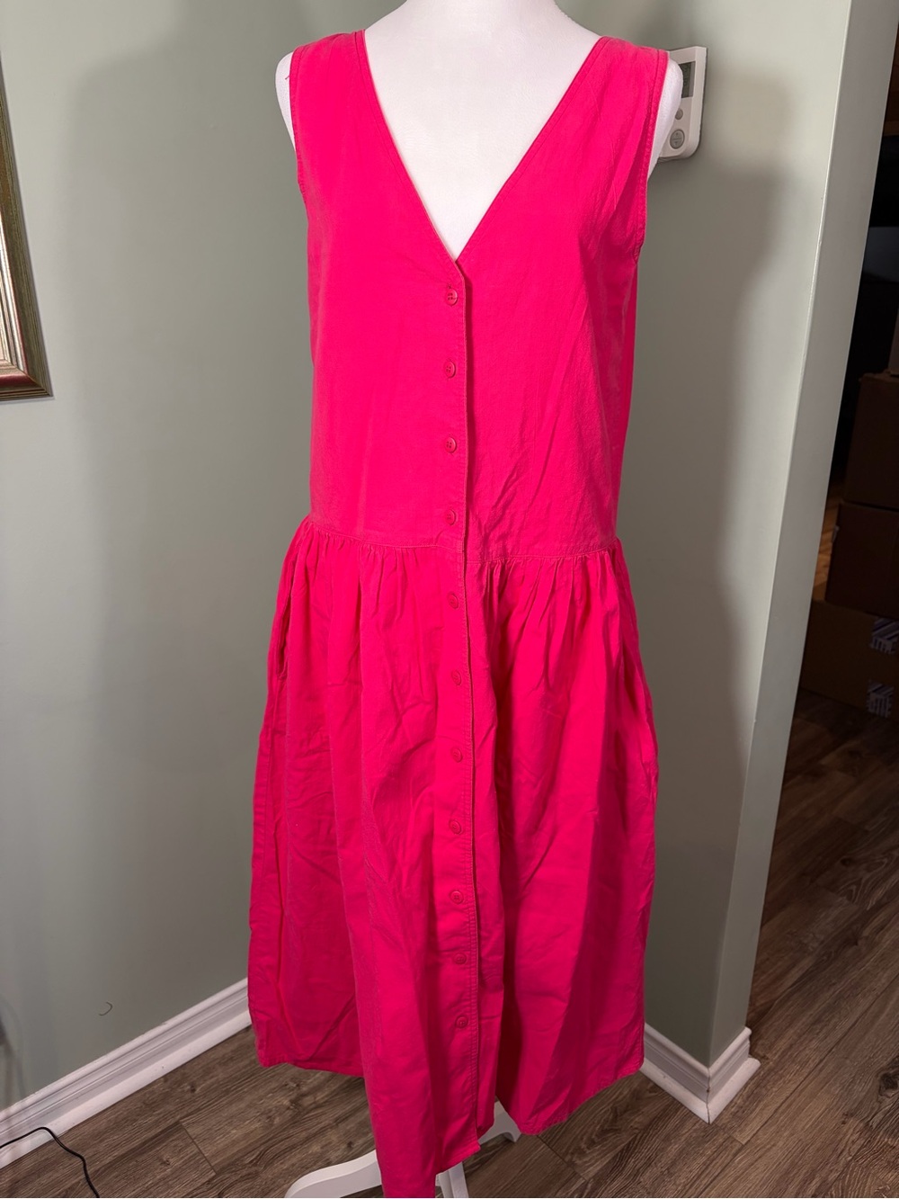 315. Woolrich Sleeveless V-Neck Button-Front Dress in Hot Pink